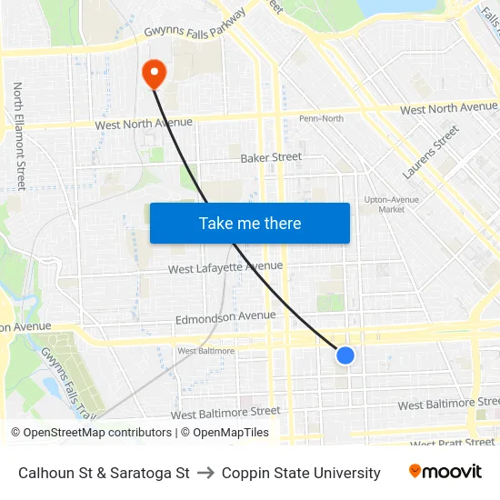 Calhoun St & Saratoga St to Coppin State University map