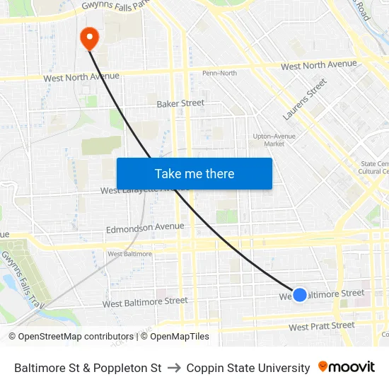 Baltimore St & Poppleton St to Coppin State University map