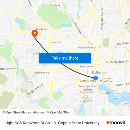 Light St & Redwood St Sb to Coppin State University map