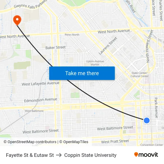 Fayette St & Eutaw St to Coppin State University map