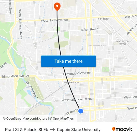 Pratt St & Pulaski St Eb to Coppin State University map