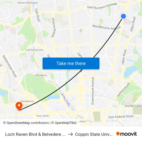 Loch Raven Blvd & Belvedere Ave Sb to Coppin State University map