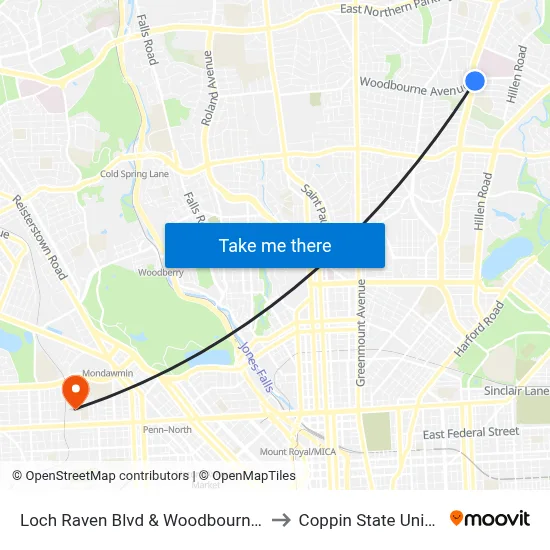 Loch Raven Blvd & Woodbourne Ave Nb to Coppin State University map