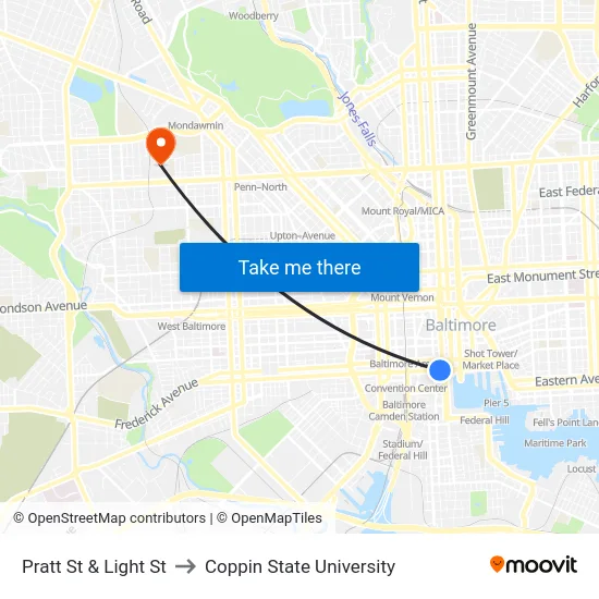 Pratt St & Light St to Coppin State University map