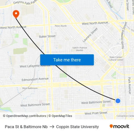 Paca St & Baltimore Nb to Coppin State University map