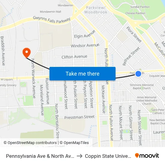 Pennsylvania Ave & North Ave Nb to Coppin State University map