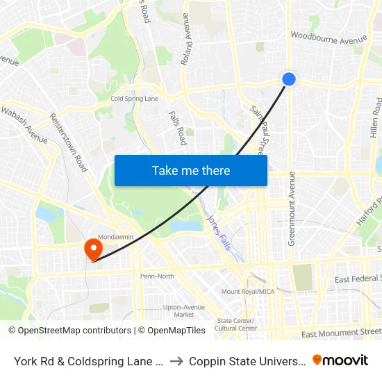 York Rd & Coldspring Lane Sb to Coppin State University map