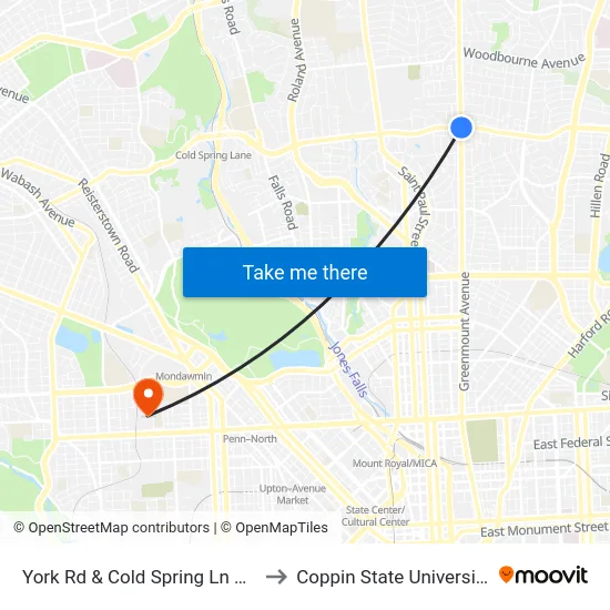 York Rd & Cold Spring Ln Nb to Coppin State University map