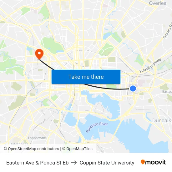 Eastern Ave & Ponca St Eb to Coppin State University map