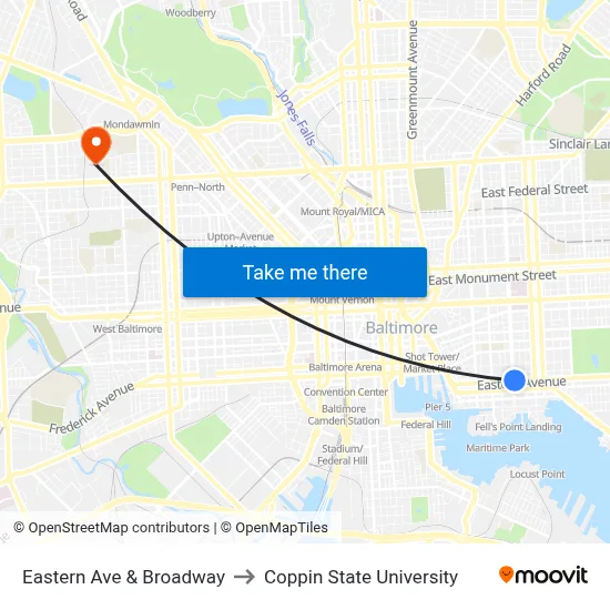 Eastern Ave & Broadway to Coppin State University map