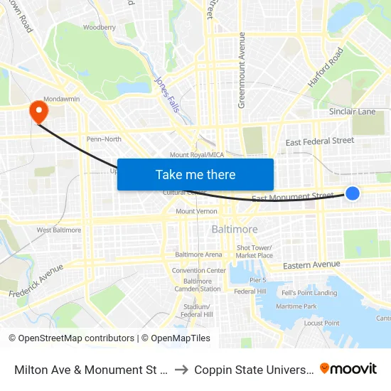 Milton Ave & Monument St Nb to Coppin State University map