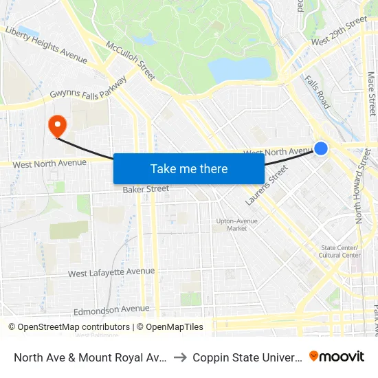 North Ave & Mount Royal Ave Eb to Coppin State University map