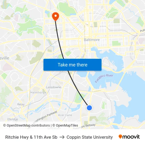 Ritchie Hwy & 11th Ave Sb to Coppin State University map