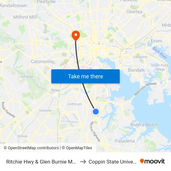 Ritchie Hwy & Glen Burnie Mall Nb to Coppin State University map