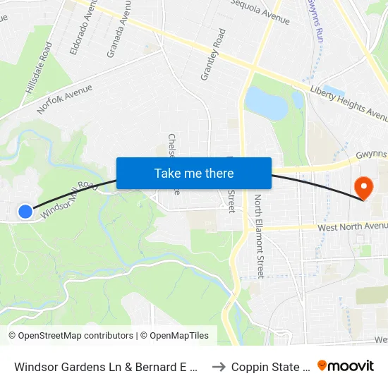 Windsor Gardens Ln & Bernard E Mason Apartments Eb to Coppin State University map