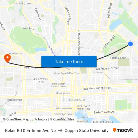 Belair Rd & Erdman Ave Nb to Coppin State University map