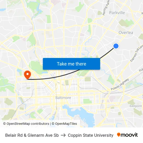 Belair Rd & Glenarm Ave Sb to Coppin State University map