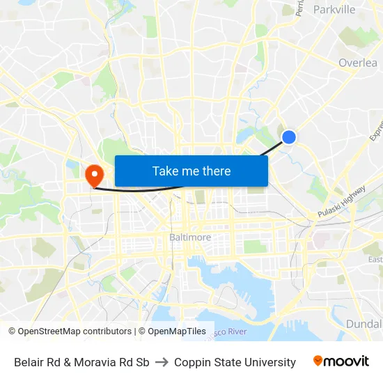 Belair Rd & Moravia Rd Sb to Coppin State University map