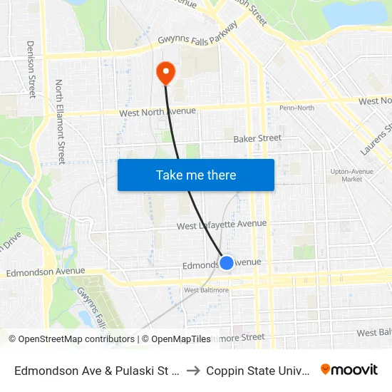 Edmondson Ave & Pulaski St FS Wb to Coppin State University map