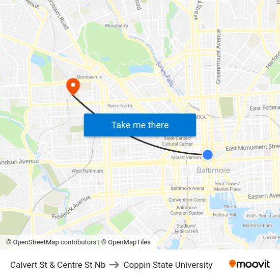 Calvert St & Centre St Nb to Coppin State University map