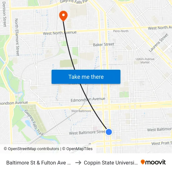 Baltimore St & Fulton Ave Eb to Coppin State University map
