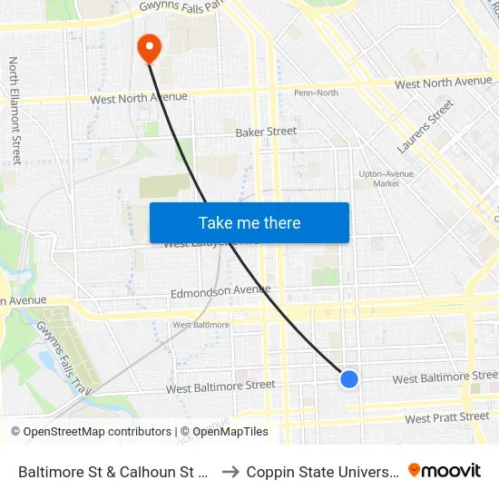 Baltimore St & Calhoun St Wb to Coppin State University map