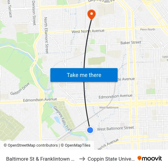 Baltimore St & Franklintown Rd Wb to Coppin State University map