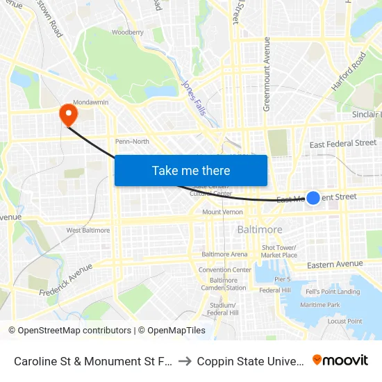 Caroline St & Monument St FS Nb to Coppin State University map