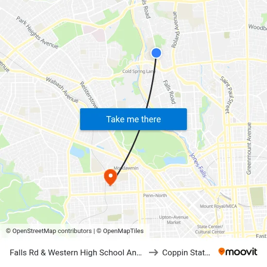 Falls Rd & Western High School And Polytechnic Institute Sb to Coppin State University map