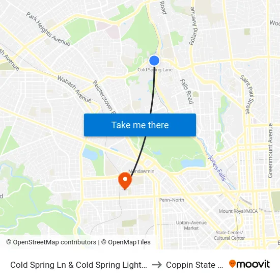 Cold Spring Ln & Cold Spring Light Rail Station Mid Wb to Coppin State University map