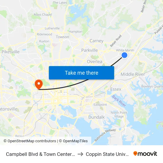Campbell Blvd & Town Center Dr Nb to Coppin State University map