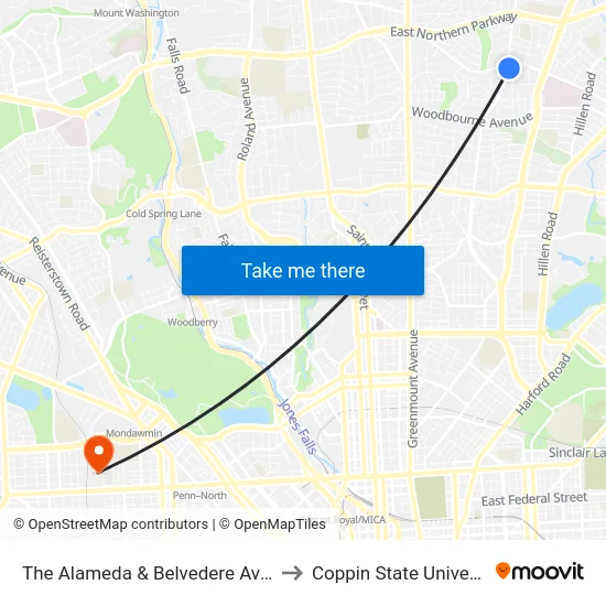 The Alameda & Belvedere Ave Nb to Coppin State University map