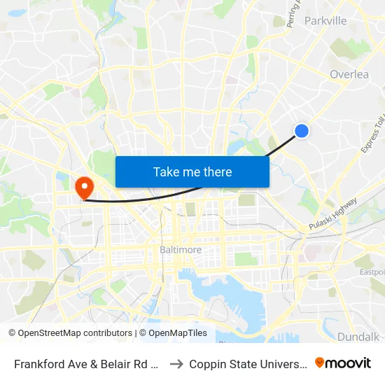 Frankford Ave & Belair Rd Wb to Coppin State University map
