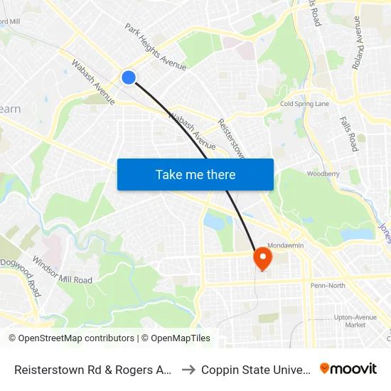 Reisterstown Rd & Rogers Ave Sb to Coppin State University map
