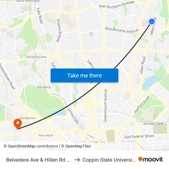 Belvedere Ave & Hillen Rd Eb to Coppin State University map