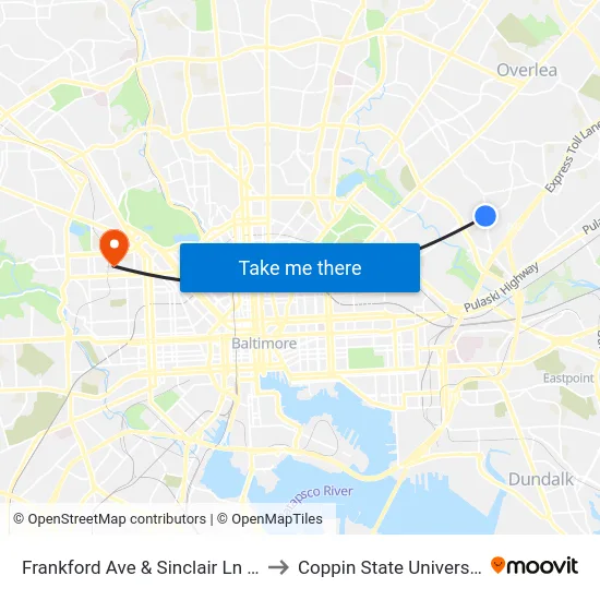 Frankford Ave & Sinclair Ln Sb to Coppin State University map