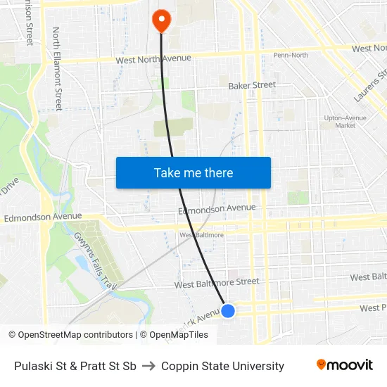 Pulaski St & Pratt St Sb to Coppin State University map