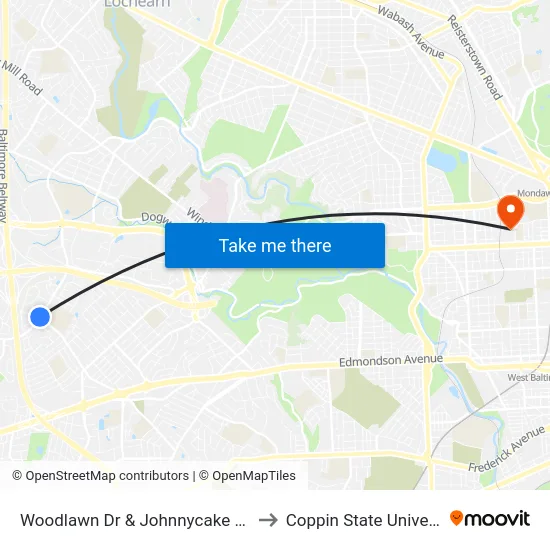 Woodlawn Dr & Johnnycake Rd Sb to Coppin State University map