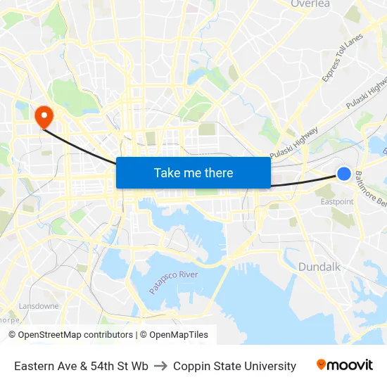 Eastern Ave & 54th St Wb to Coppin State University map