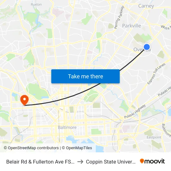 Belair Rd & Fullerton Ave FS Nb to Coppin State University map