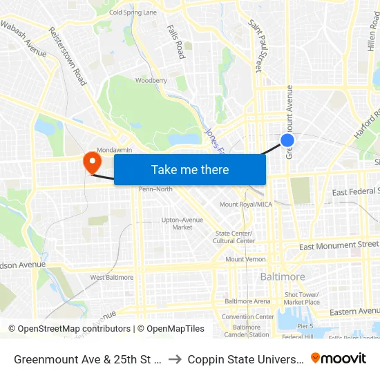 Greenmount Ave & 25th St Sb to Coppin State University map