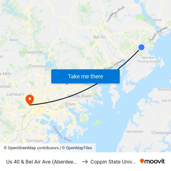 Us 40 & Bel Air Ave (Aberdeen Marc) to Coppin State University map