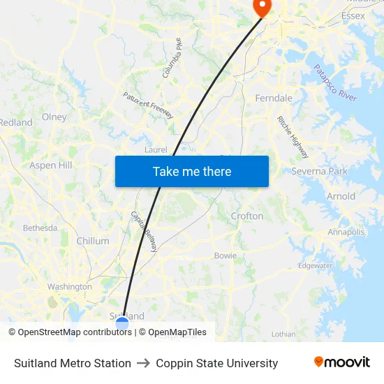 Suitland Metro Station to Coppin State University map