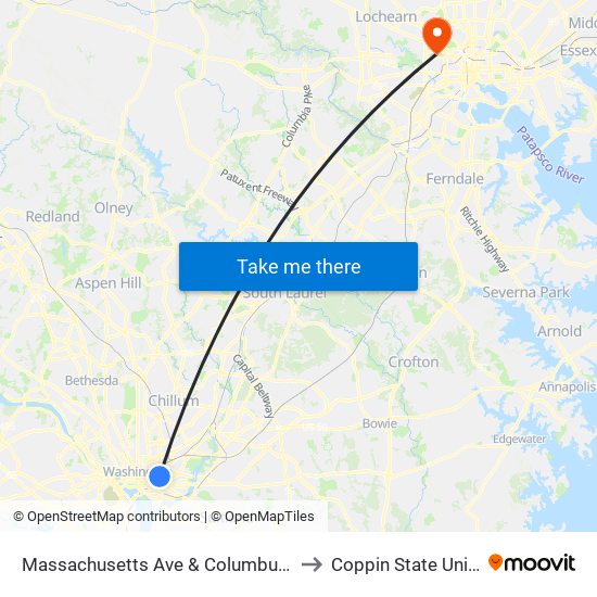 Massachusetts Ave & Columbus Cir NE Eb to Coppin State University map