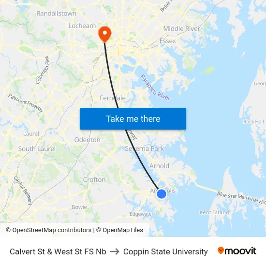 Calvert St & West St FS Nb to Coppin State University map