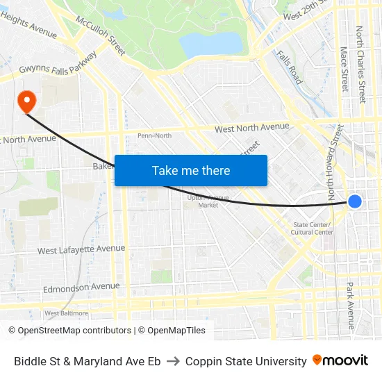 Biddle St & Maryland Ave Eb to Coppin State University map