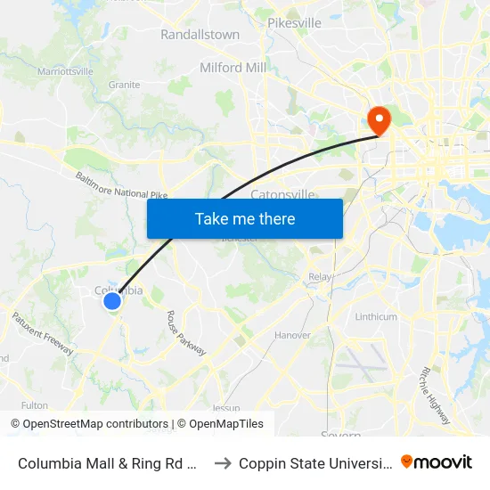 Columbia Mall & Ring Rd Wb to Coppin State University map