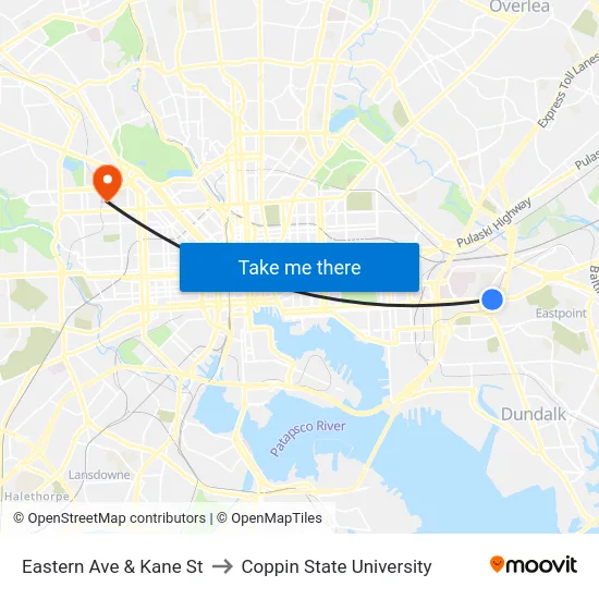 Eastern Ave & Kane St to Coppin State University map