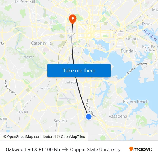 Oakwood Rd & Rt 100 Nb to Coppin State University map