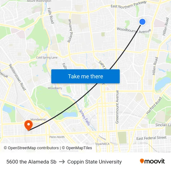 5600 the Alameda Sb to Coppin State University map